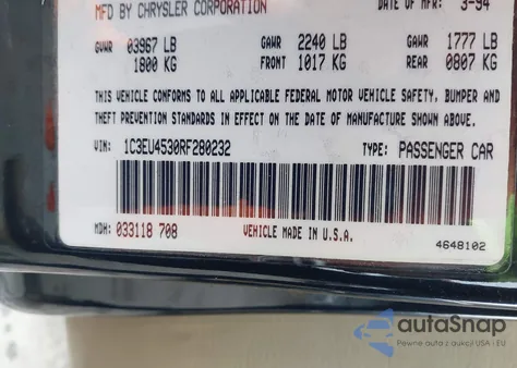 1994 Chrysler Lebaron Gtc/Lx z USA, uszkodzony, nr VIN 1C3EU4530RF280232